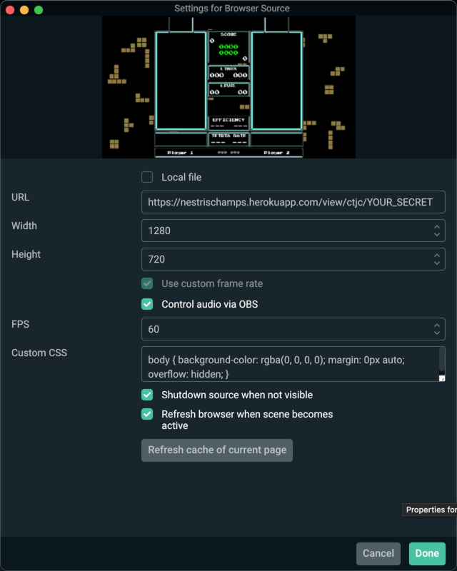 OBS browser source configuration panel